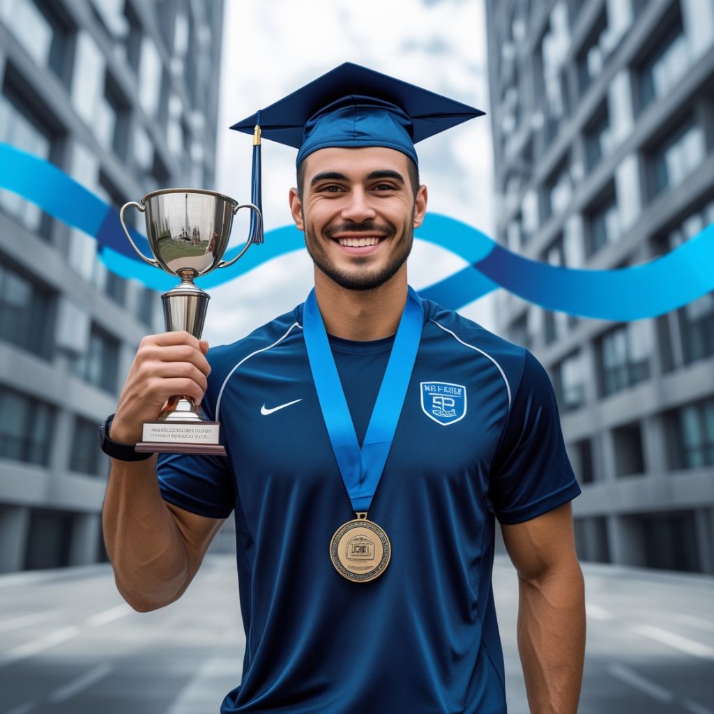 US-College-Absolvent in Sportkleidung hält eine Medaille, im Hintergrund moderne Bürogebäude, symbolisiert bessere Karrierechancen durch ein Sportstipendium.