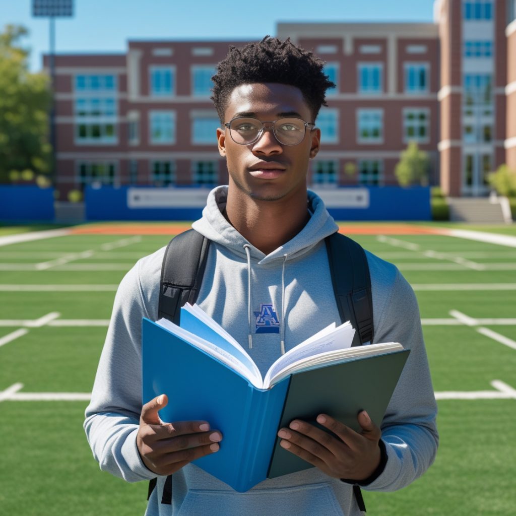 Junger Athlet auf einem US-College-Campus, trainiert auf dem Sportplatz, während er Bücher in der Hand hält – symbolisiert die Verbindung von Sport und Studium.