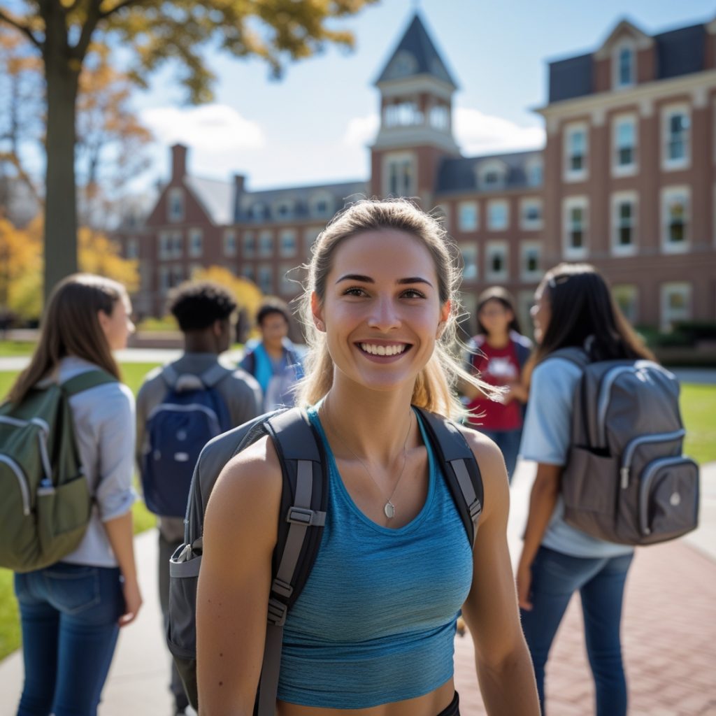 Junge Sportlerin auf einem US-College-Campus interagiert mit internationalen Studenten, symbolisiert kulturelle Vielfalt und Auslandserfahrung